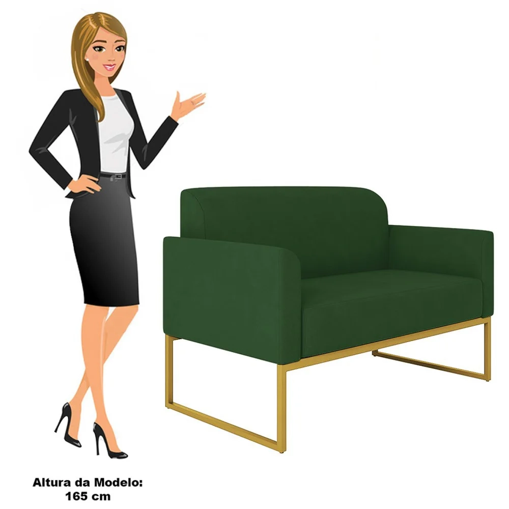 Kit Namoradeira e 1 Poltrona Decorativa Base Industrial Dourada Maressa S23 Suede Verde - Ibiza