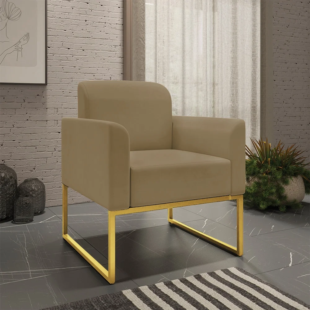 Kit Namoradeira e 1 Poltrona Decorativa Base Industrial Dourada Maressa S12 Suede Marrom Rato - Ibiza