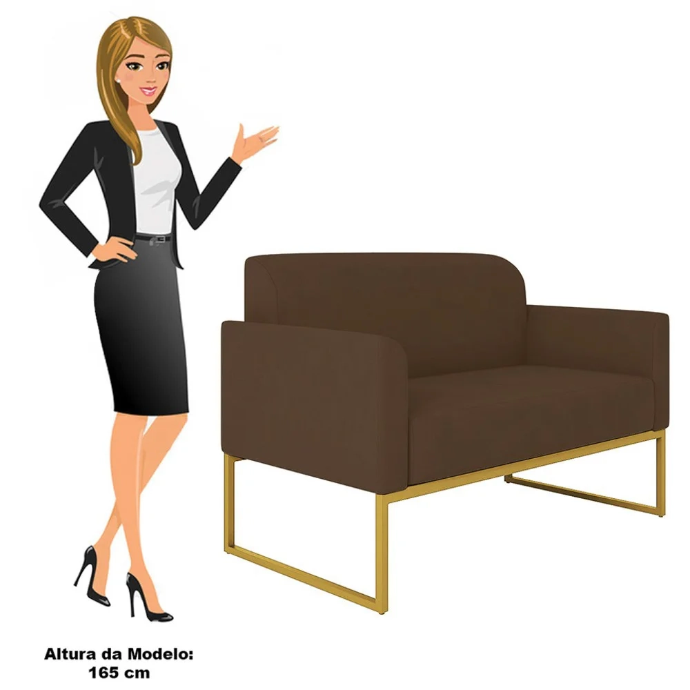 Kit Namoradeira e 2 Poltronas Decorativas Base Industrial Dourada Maressa S06 Suede Marrom - Ibiza