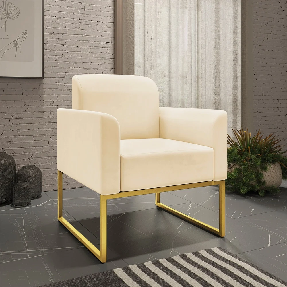 Kit Namoradeira e 2 Poltronas Decorativas Base Industrial Dourada Maressa S03 Suede Bege - Ibiza