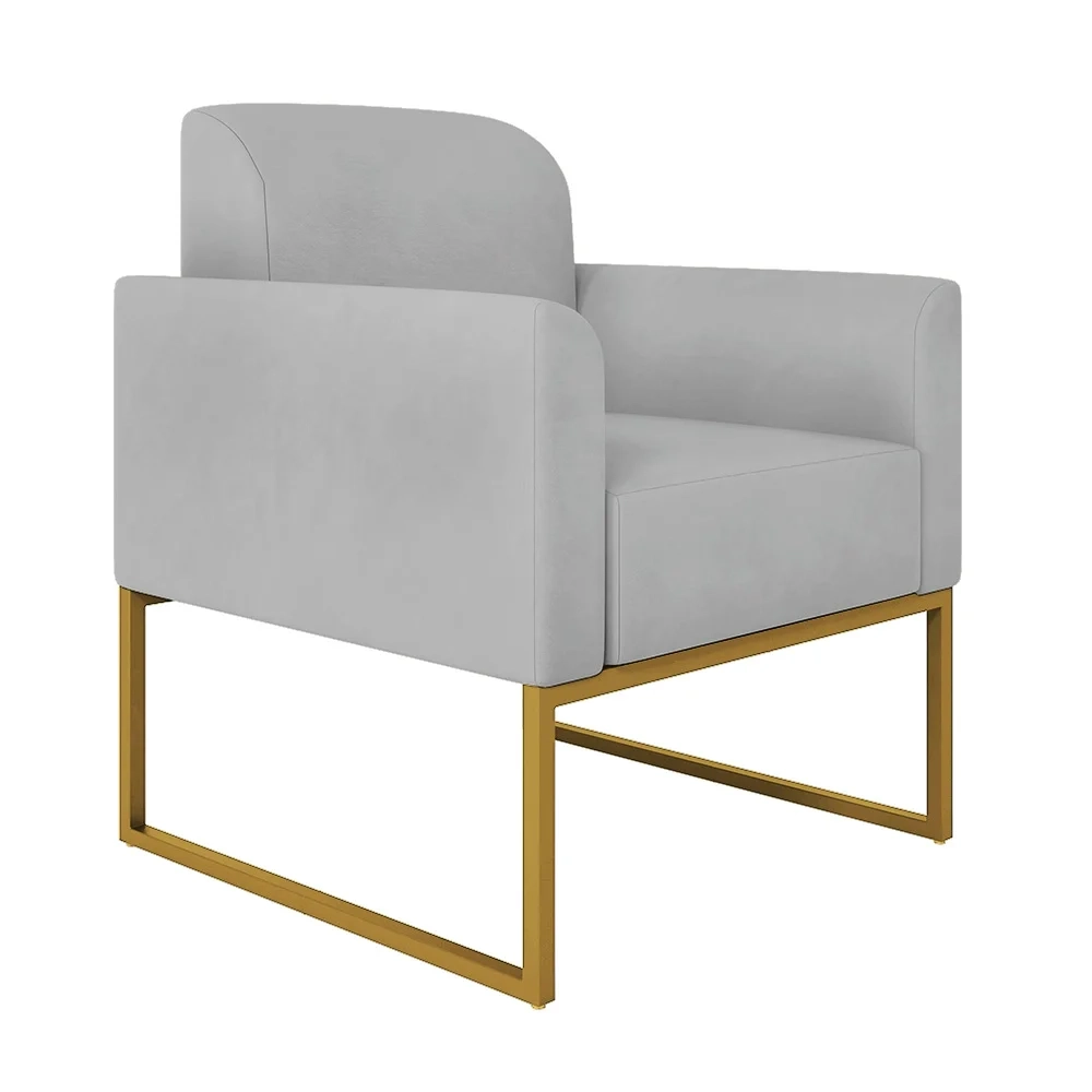 Kit Namoradeira e 2 Poltronas Decorativas Base Industrial Dourada Maressa S10 Suede Cinza - Ibiza