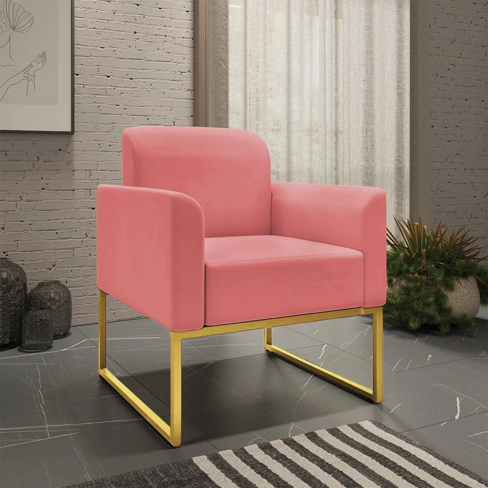 Kit Namoradeira e 2 Poltronas Decorativas Base Industrial Dourada Maressa S17 Suede Rosê - Ibiza