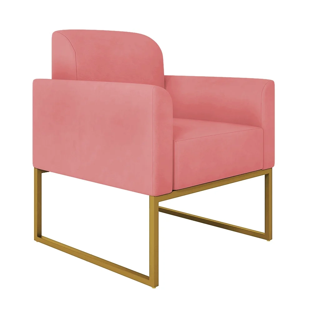 Kit Namoradeira e 2 Poltronas Decorativas Base Industrial Dourada Maressa S17 Suede Rosê - Ibiza