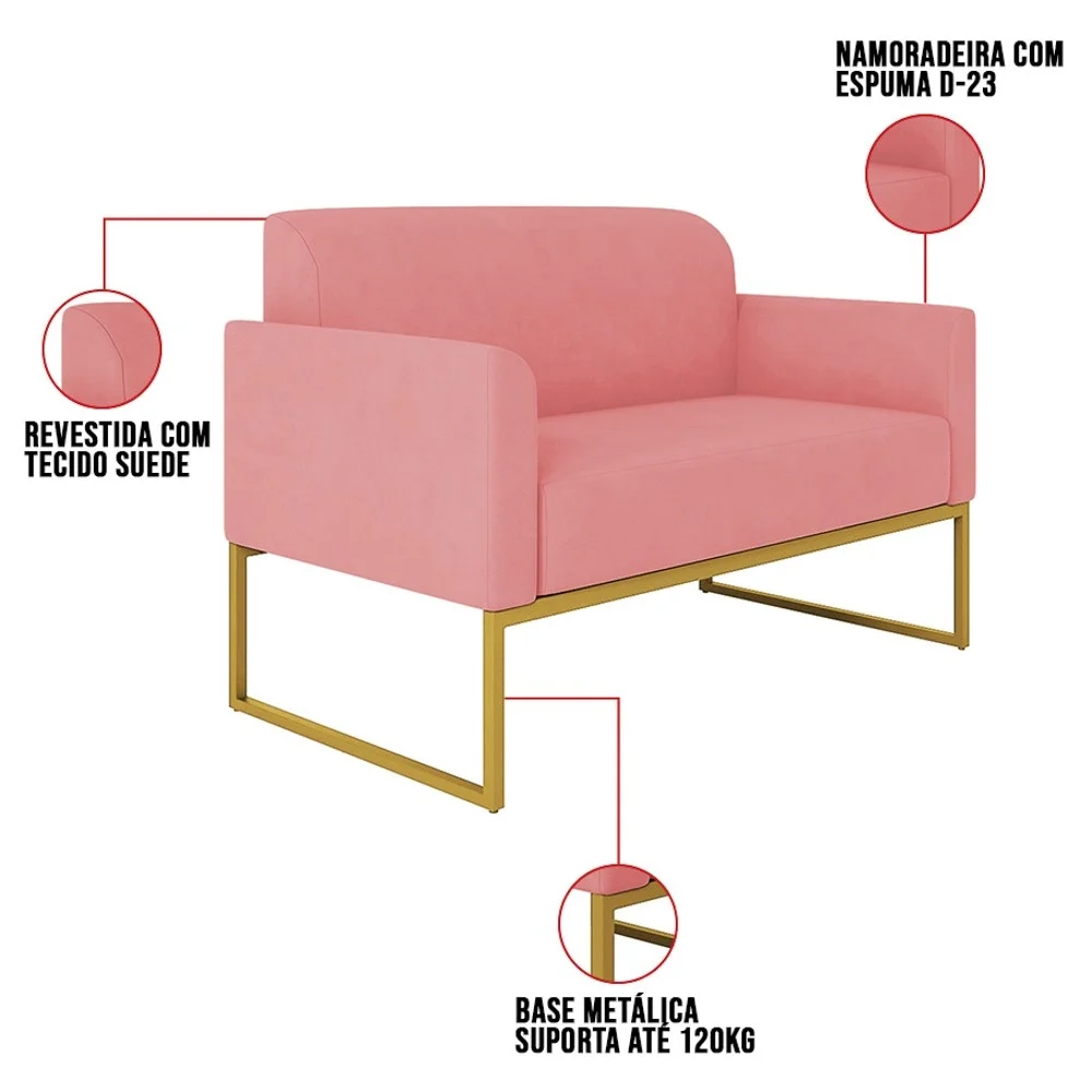 Kit Namoradeira e 2 Poltronas Decorativas Base Industrial Dourada Maressa S17 Suede Rosê - Ibiza
