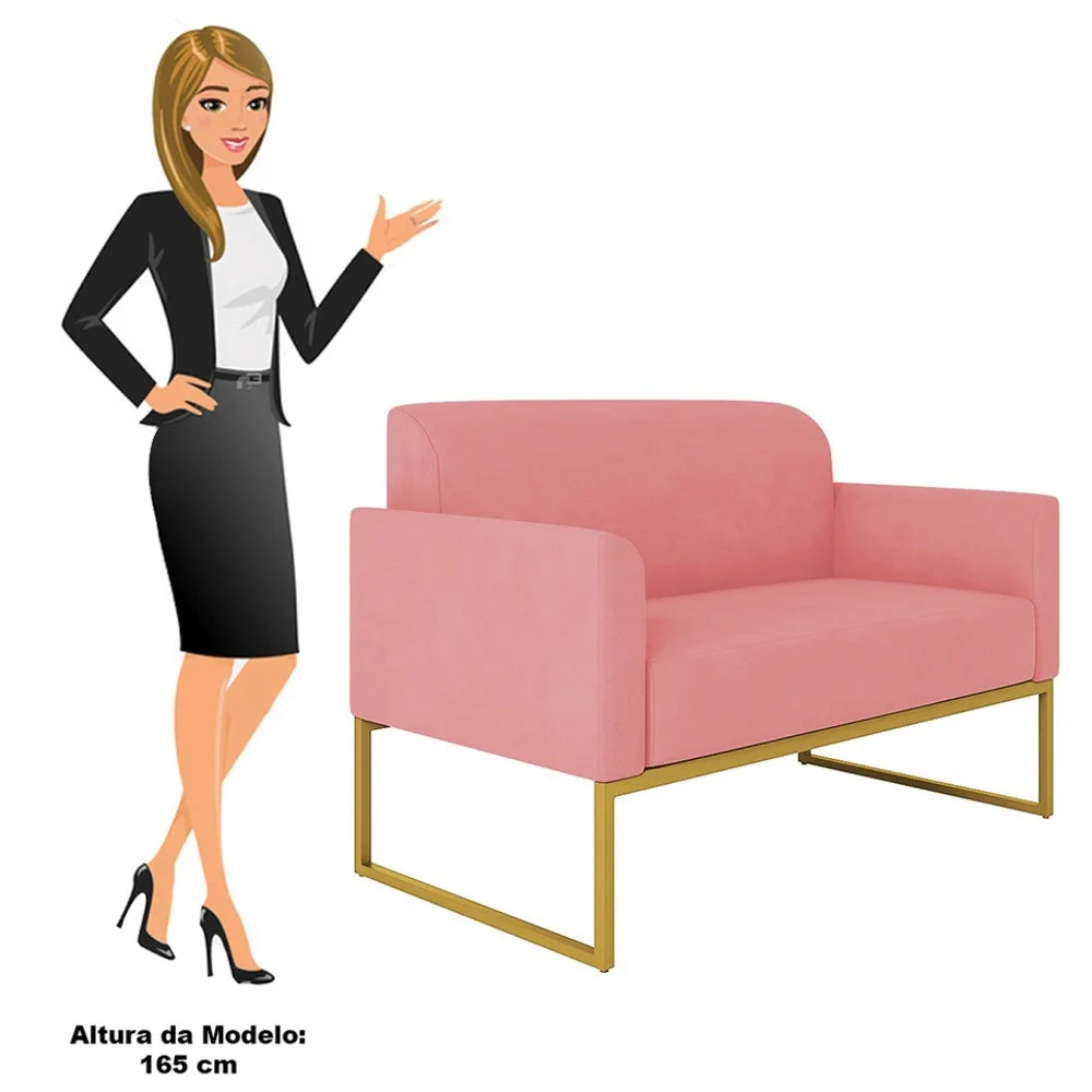 Kit Namoradeira e 2 Poltronas Decorativas Base Industrial Dourada Maressa S17 Suede Rosê - Ibiza