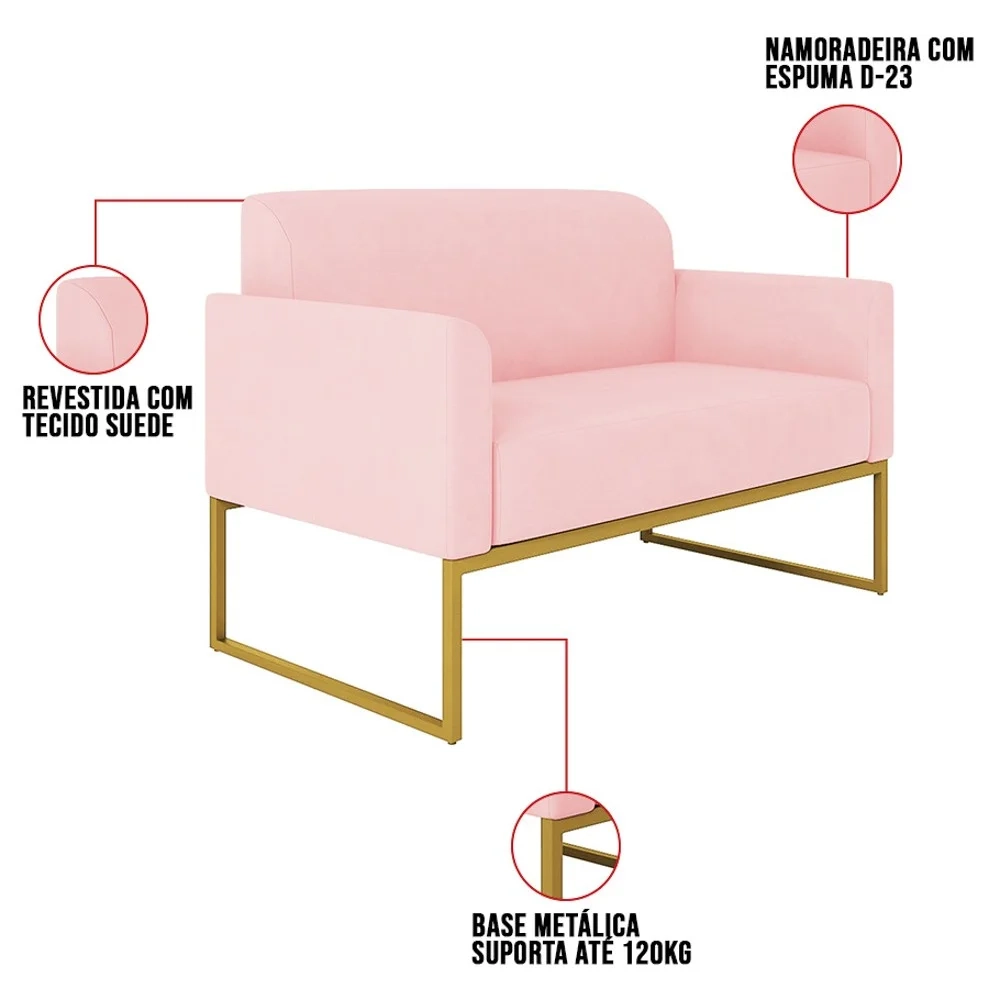 Kit Namoradeira e 2 Poltronas Decorativas Base Industrial Dourada Maressa S19 Suede Rosa Bebê - Ibiza