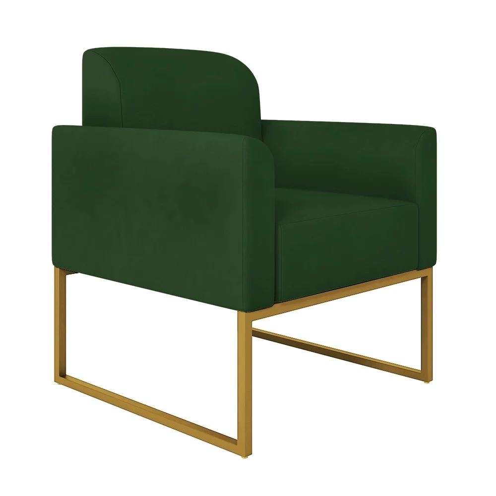 Kit Namoradeira e 2 Poltronas Decorativas Base Industrial Dourada Maressa S23 Suede Verde - Ibiza