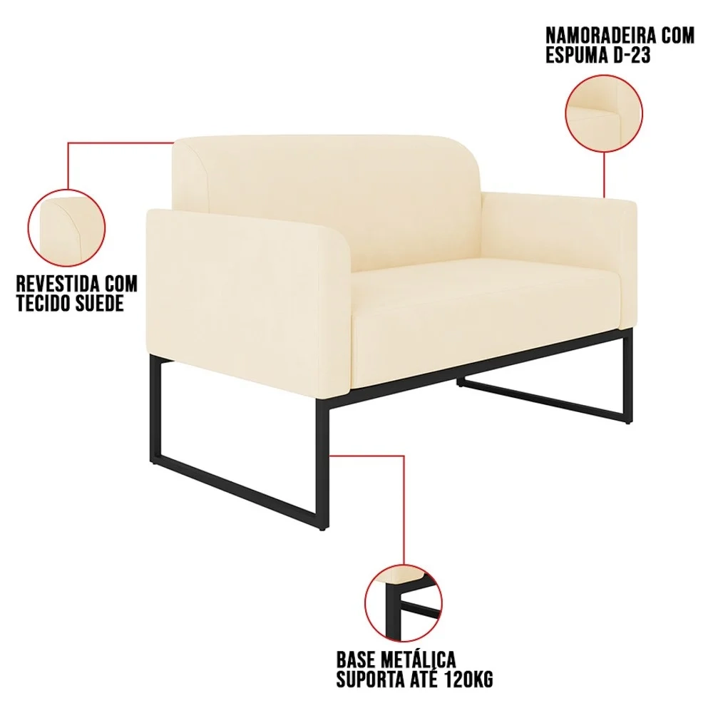 Kit Namoradeira e 1 Poltrona Decorativa Base Industrial Preta Maressa S03 Suede Bege - Ibiza