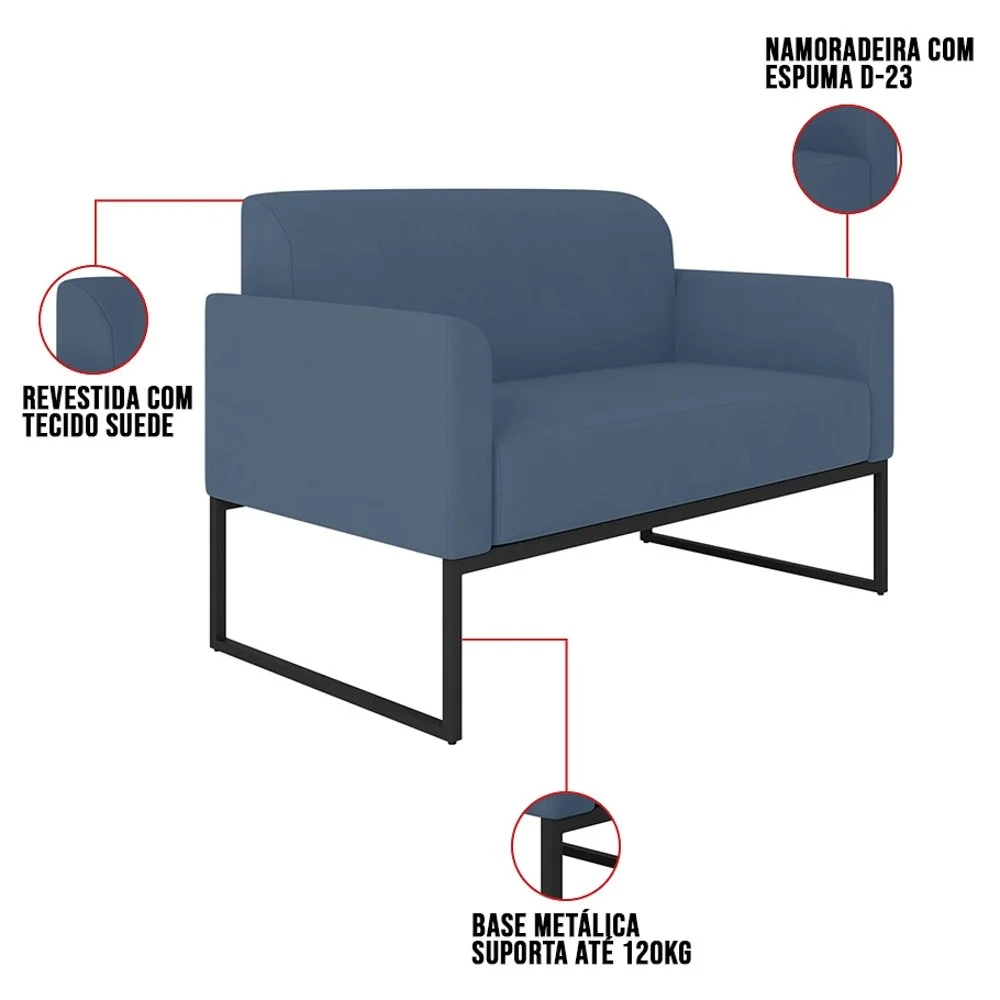 Kit Namoradeira e 1 Poltrona Decorativa Base Industrial Preta Maressa S04 Suede Azul Marinho - Ibiza