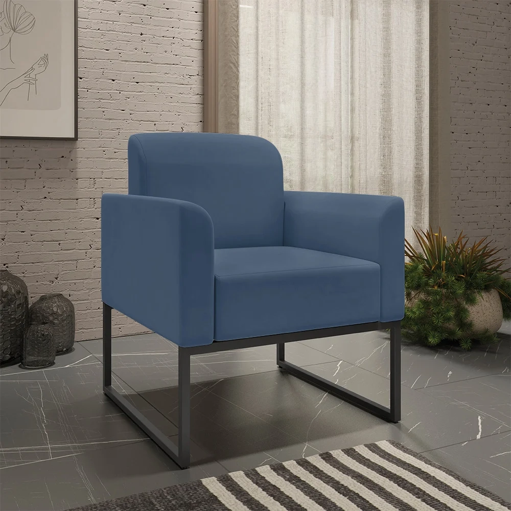 Kit Namoradeira e 1 Poltrona Decorativa Base Industrial Preta Maressa S04 Suede Azul Marinho - Ibiza