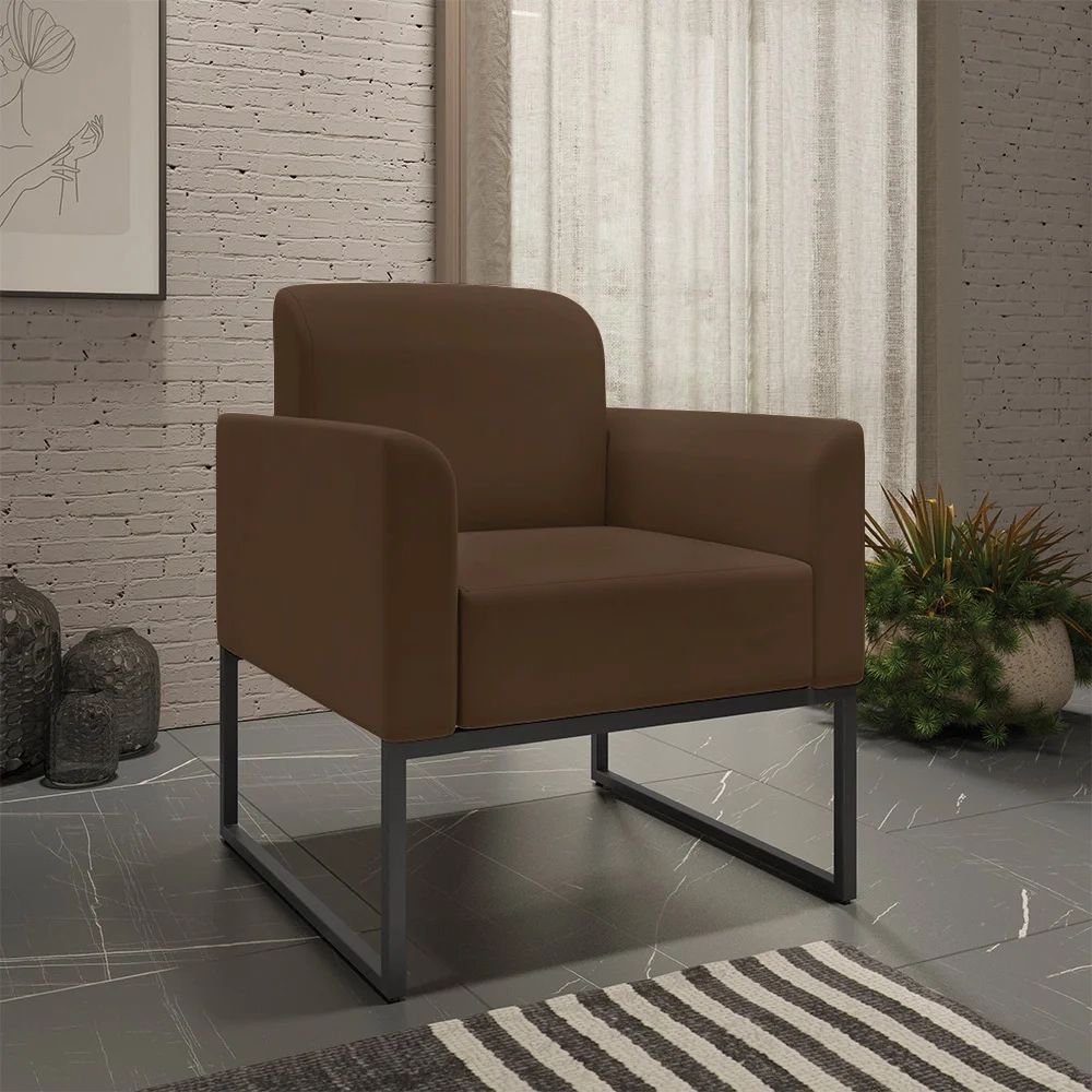 Kit Namoradeira e 1 Poltrona Decorativa Base Industrial Preta Maressa S06 Suede Marrom - Ibiza
