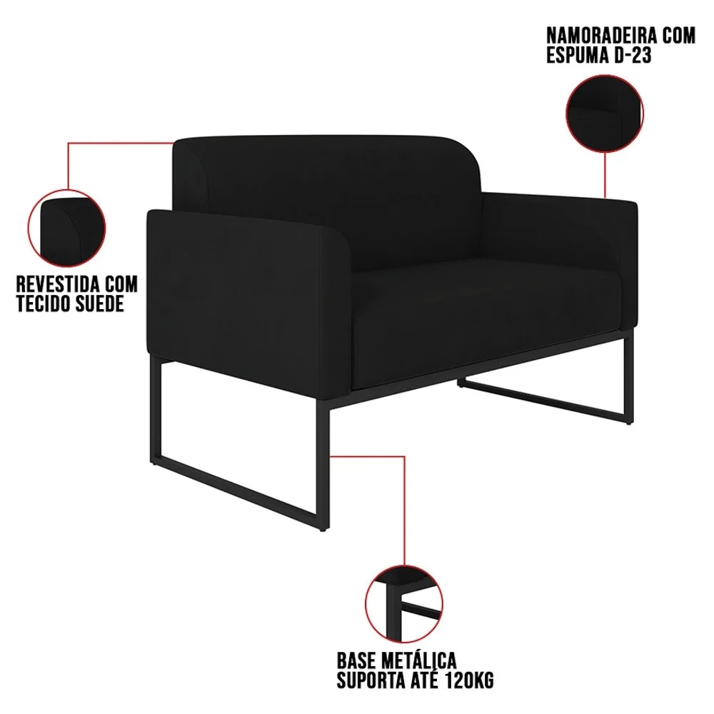 Kit Namoradeira e 1 Poltrona Decorativa Base Industrial Preta Maressa S07 Suede Preto - Ibiza