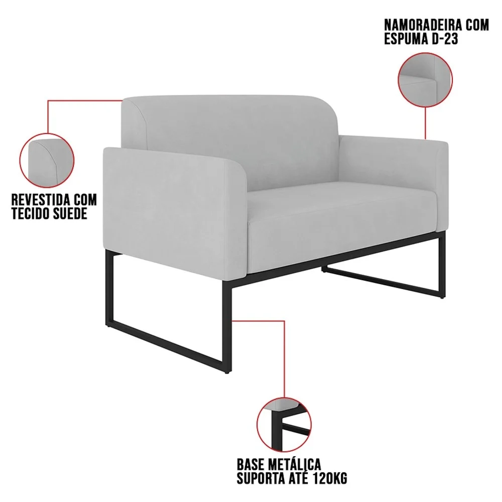 Kit Namoradeira e 1 Poltrona Decorativa Base Industrial Preta Maressa S10 Suede Cinza - Ibiza