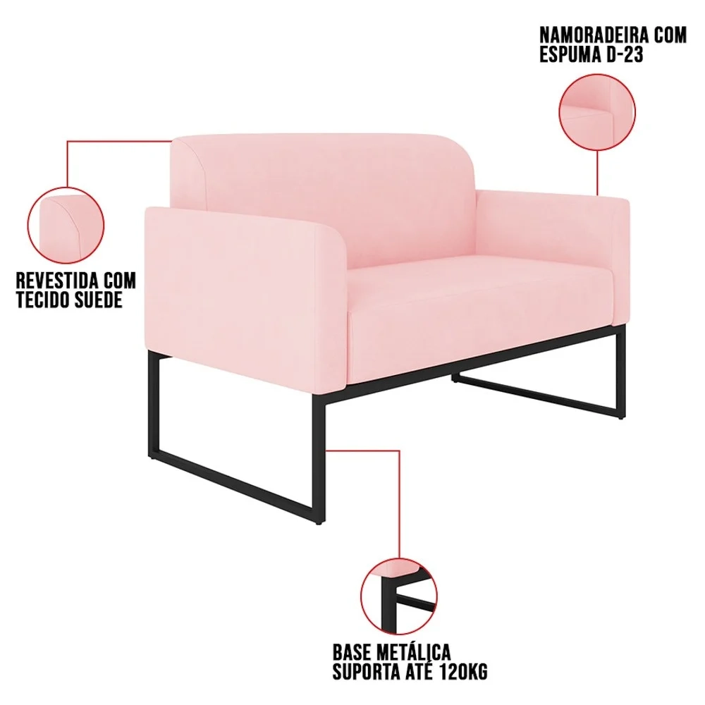 Kit Namoradeira e 1 Poltrona Decorativa Base Industrial Preta Maressa S19 Suede Rosa Bebê - Ibiza