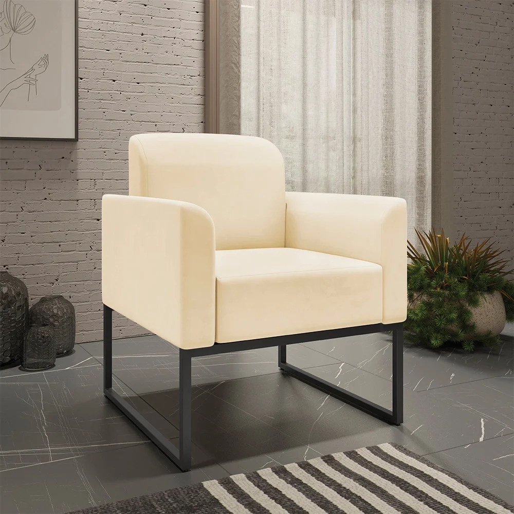 Kit Namoradeira e 2 Poltronas Decorativas Base Industrial Preta Maressa S03 Suede Bege - Ibiza