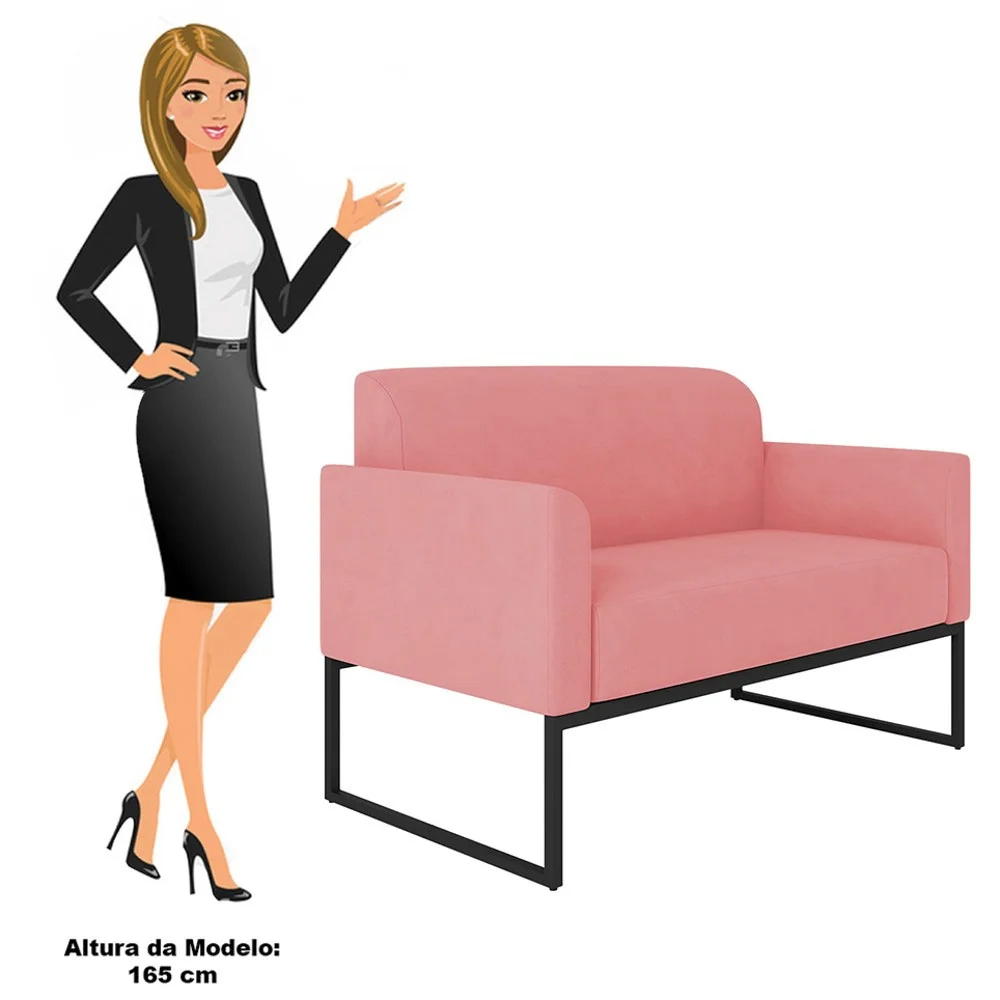 Kit Namoradeira e 1 Poltrona Decorativa Base Industrial Preta Maressa S17 Suede Rosê - Ibiza