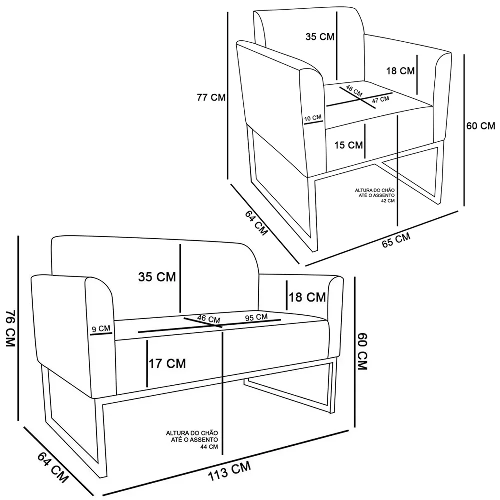 Kit Namoradeira e 2 Poltronas Decorativas Base Industrial Preta Maressa S06 Suede Marrom - Ibiza