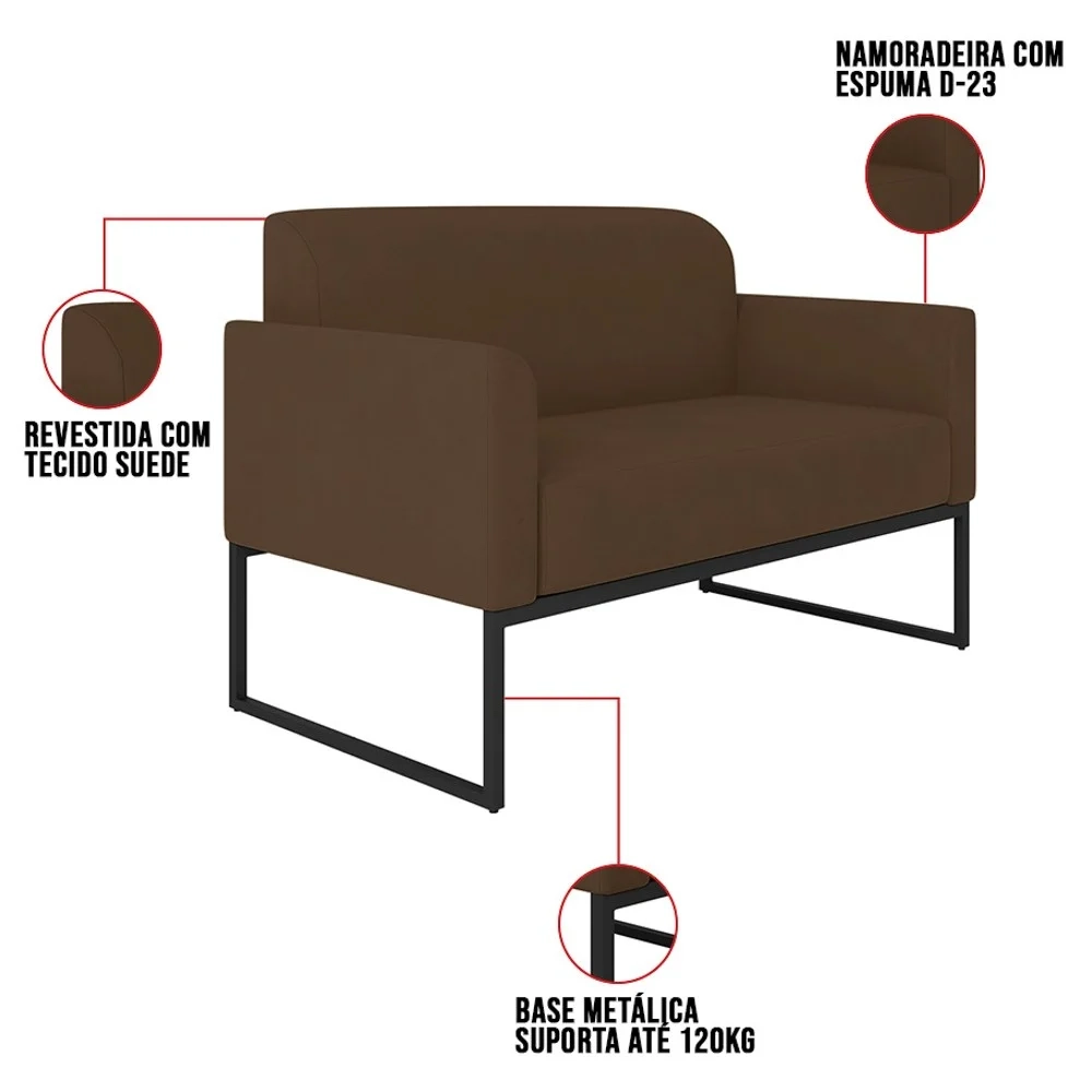 Kit Namoradeira e 2 Poltronas Decorativas Base Industrial Preta Maressa S06 Suede Marrom - Ibiza