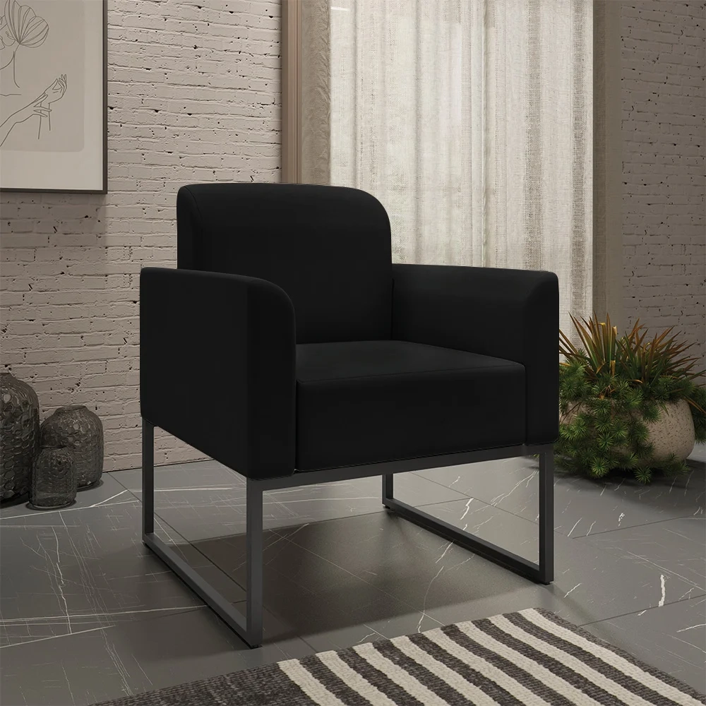 Kit Namoradeira e 2 Poltronas Decorativas Base Industrial Preta Maressa S07 Suede Preto - Ibiza