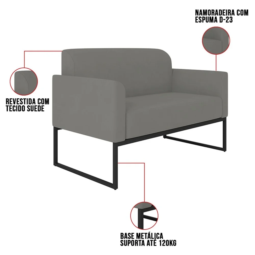 Kit Namoradeira e 2 Poltronas Decorativas Base Industrial Preta Maressa S08 Suede Grafite - Ibiza