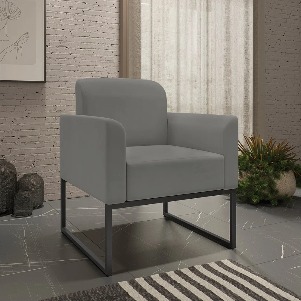 Kit Namoradeira e 2 Poltronas Decorativas Base Industrial Preta Maressa S08 Suede Grafite - Ibiza