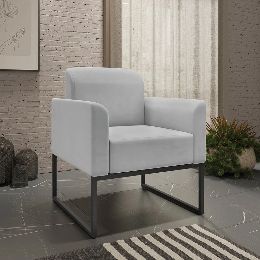 Kit Namoradeira e 2 Poltronas Decorativas Base Industrial Preta Maressa S10 Suede Cinza - Ibiza