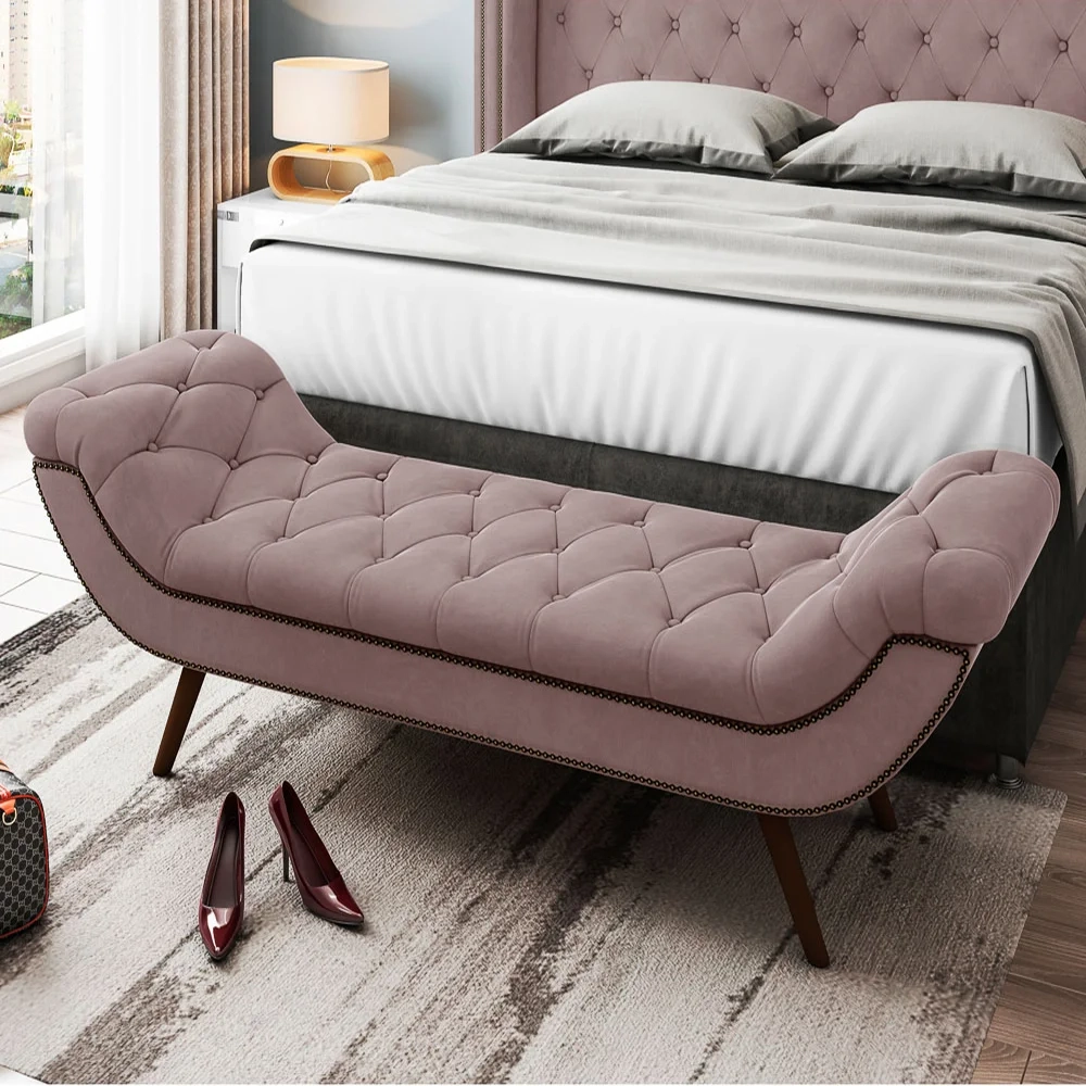 Cabeceira Cama Box Casal King 195cm Provença com Calçadeira Vêneto Z37 Veludo Rosê - Mpozenato