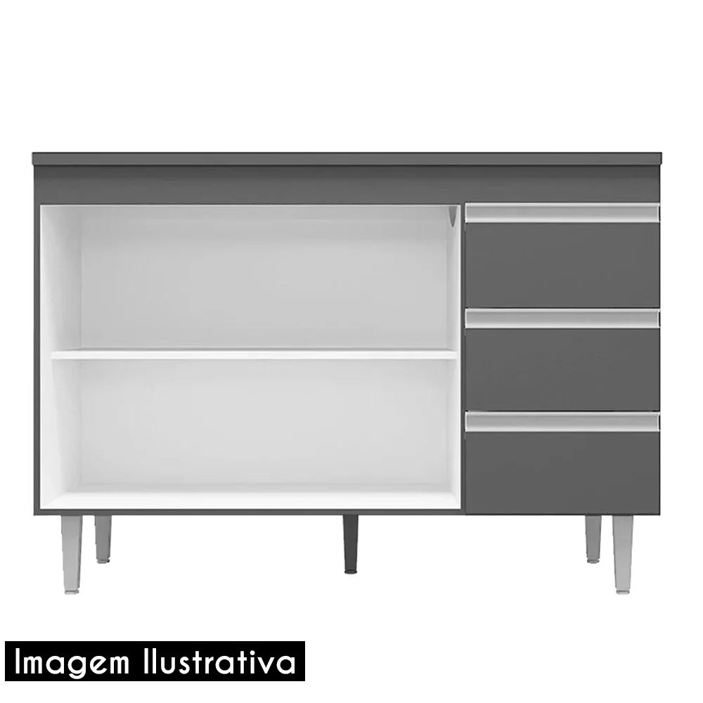Balcão Gabinete com Pia Inox 120cm 2 Portas 3 Gavetas Andréia Branco - AJL Móveis