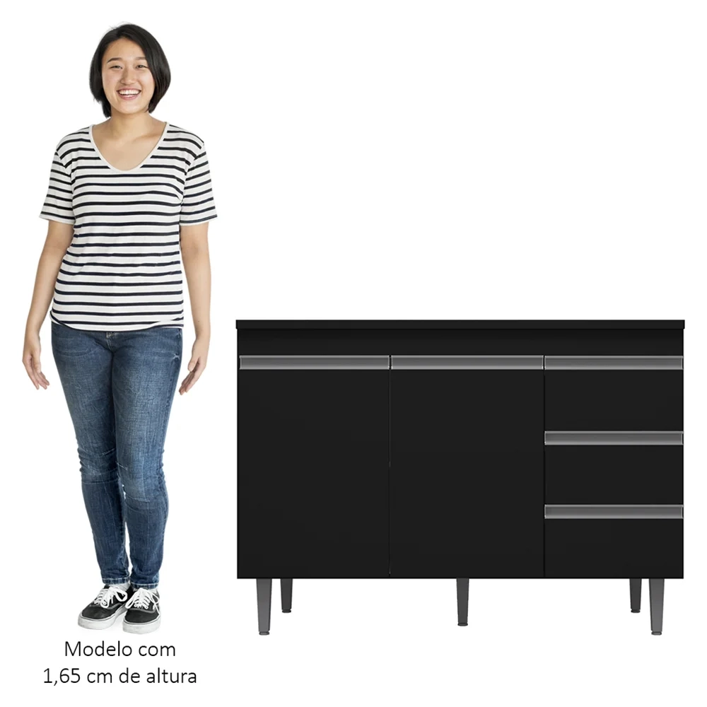 Balcão Gabinete com Pia Inox 120cm 2 Portas 3 Gavetas Andréia Preto Total - AJL Móveis