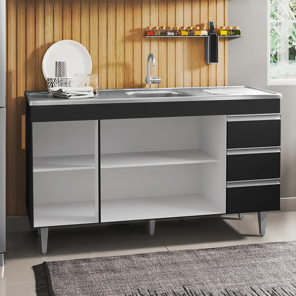 Balcão Gabinete com Pia Inox 150cm 3 Portas 3 Gavetas Andréia Preto Total - AJL Móveis