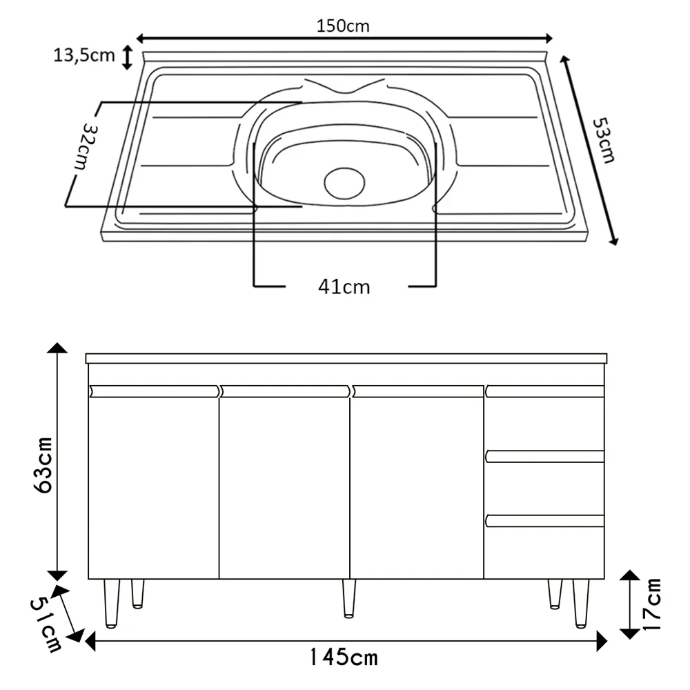 Balcão Gabinete com Pia Inox 150cm 3 Portas 3 Gavetas Andréia Preto Total - AJL Móveis