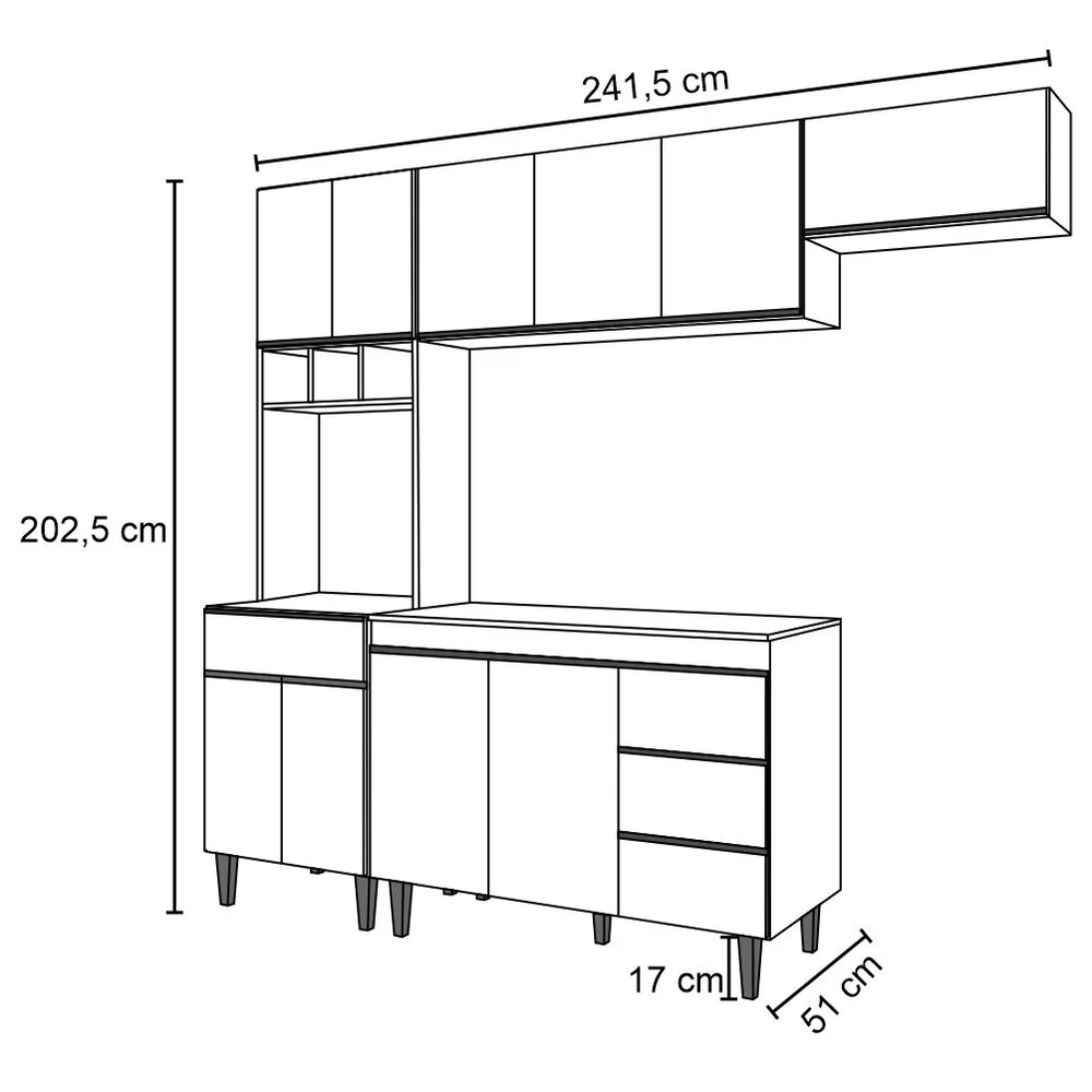 Cozinha Modulada 5 Peças com Tampo 241cm 10 Portas 4 Gavetas Andréia Preto - AJL Móveis