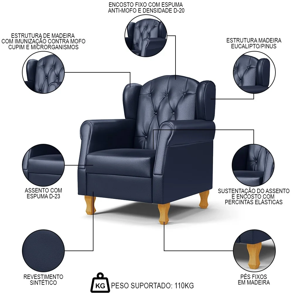 Poltrona de Amamentação Pés Madeira e Puff Lucy Z39  Sintético Azul Marinho - Mpozenato