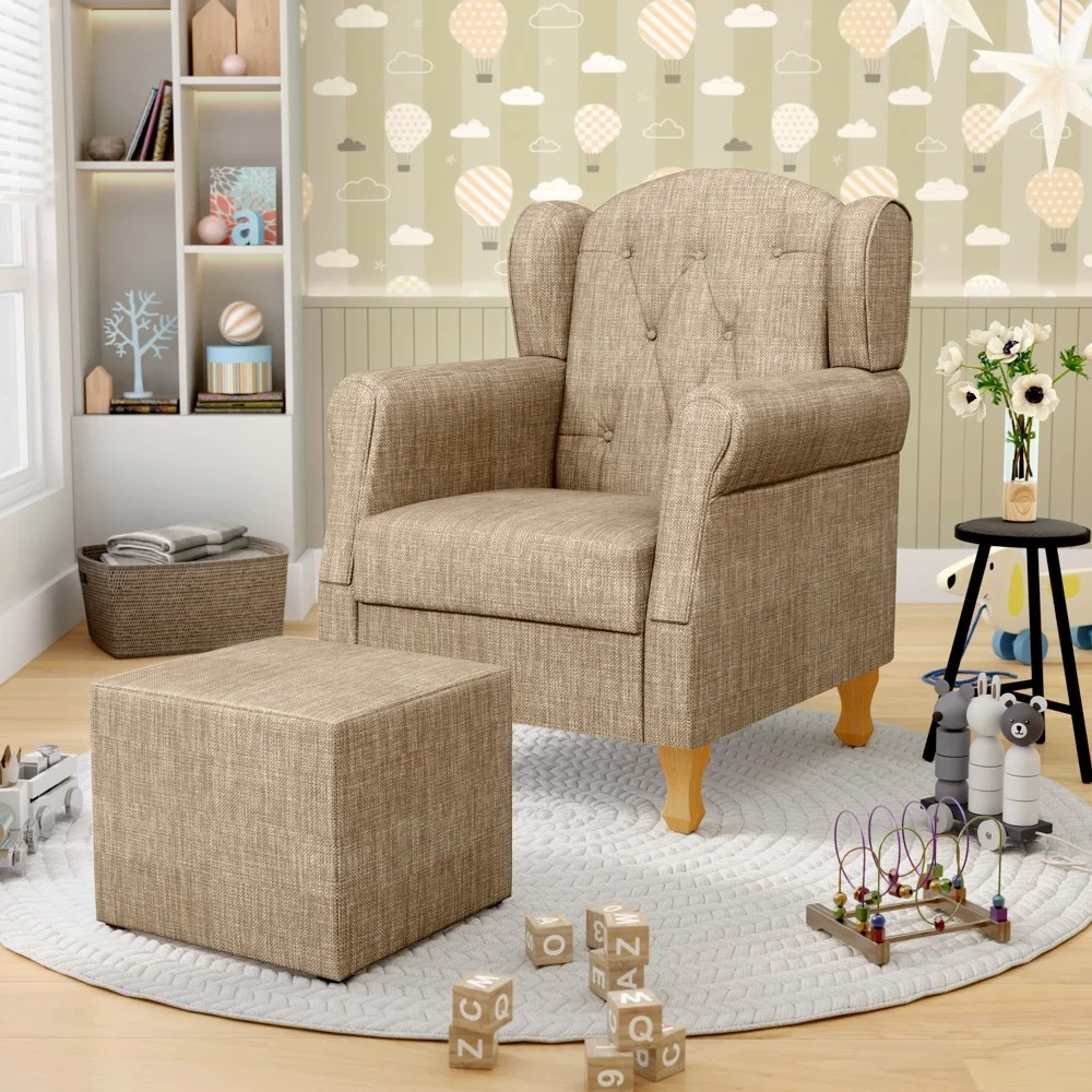 Poltrona de Amamentação Pés Madeira e Puff Lucy Z39  Linho Bege Escuro - Mpozenato