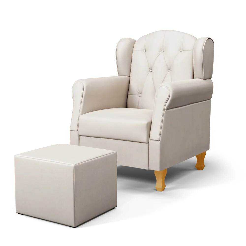 Poltrona de Amamentação Pés Madeira e Puff Lucy Z39  Suede Bege - Mpozenato