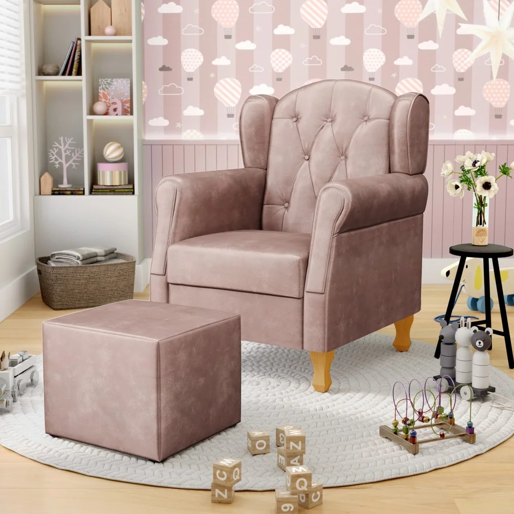 Poltrona de Amamentação Pés Madeira e Puff Lucy Z39  Veludo Rosê - Mpozenato