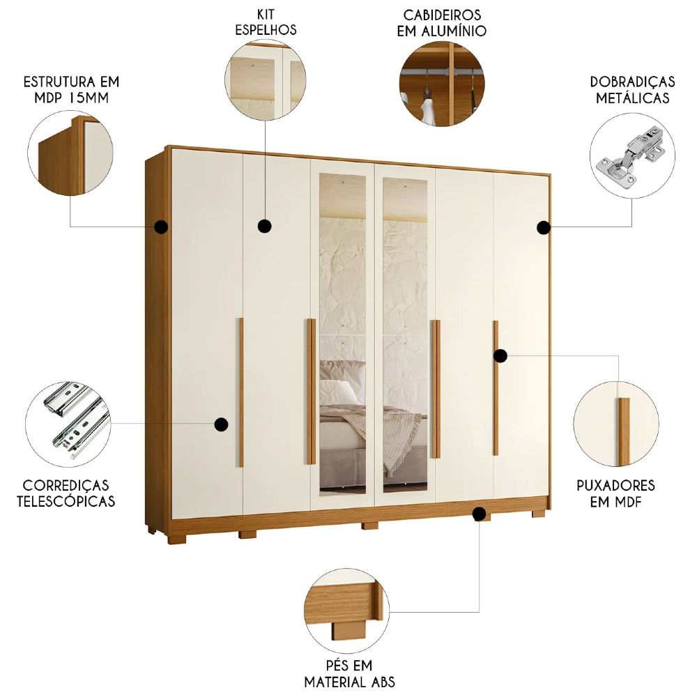 Guarda Roupa Casal 270cm com Espelho Fascine A02 Off/Cinamomo - Mpozenato