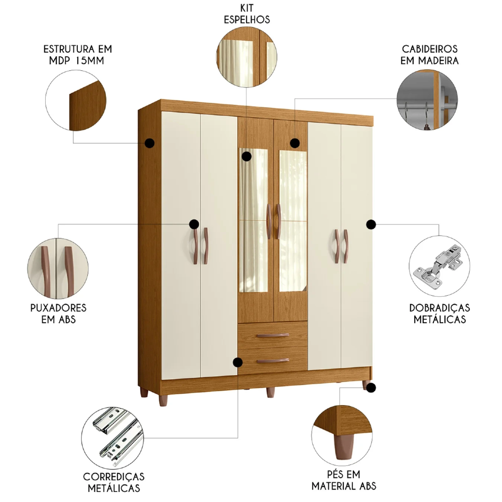 Guarda Roupa Solteiro 154cm com Espelho Dony A02 Off/Cinamomo - Mpozenato