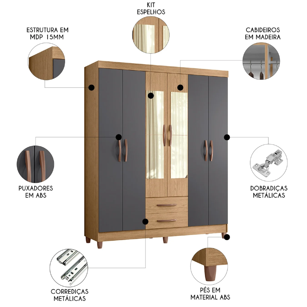Guarda Roupa Solteiro 154cm com Espelho Dony A02 Freijó/Titanium - Mpozenato