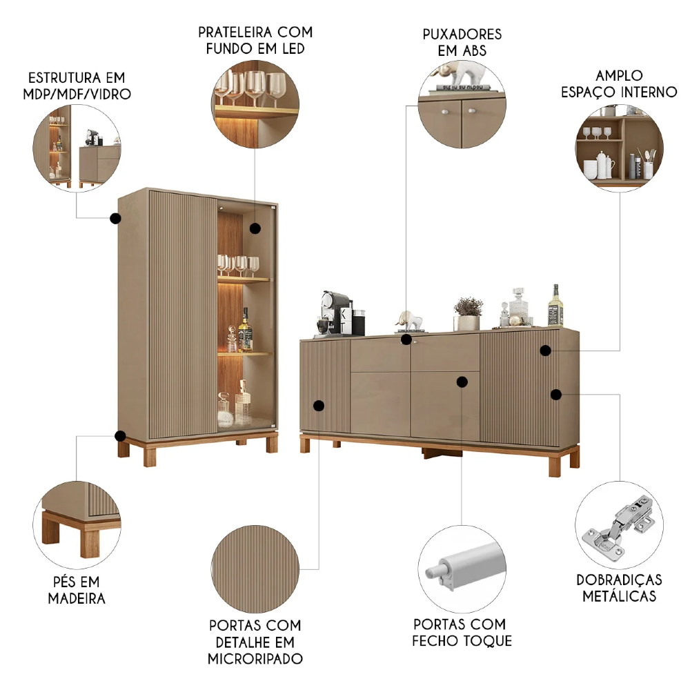 Buffet Aparador e Cristaleira com LED Lucca Areia/Freijó C01 - Mpozenato
