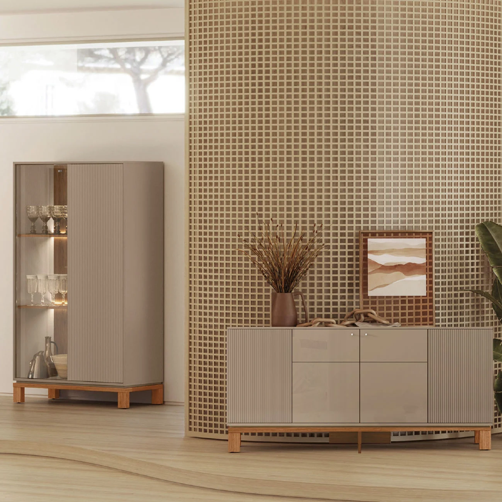 Buffet Aparador e Cristaleira com LED Lucca Areia/Freijó C01 - Mpozenato