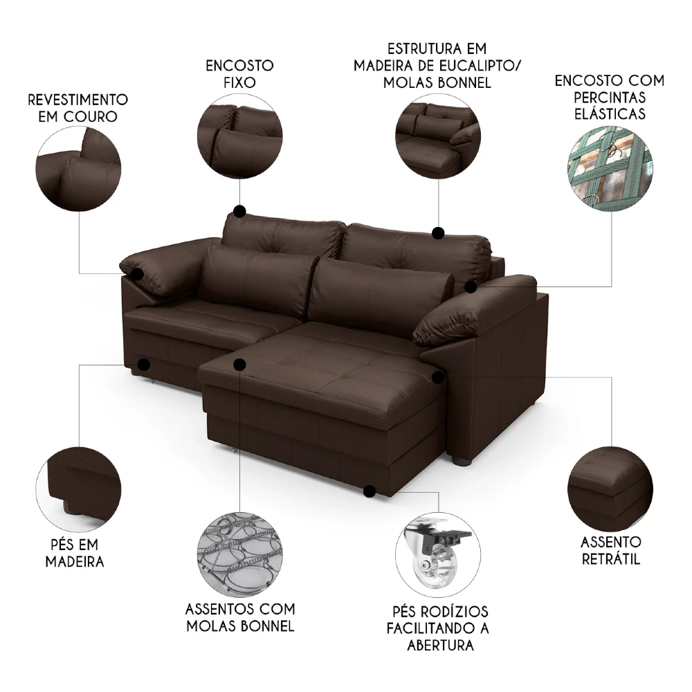 Sofá Retrátil 3 Lugares Para Sala 250cm Dijon Couro Caramelo S07 - Mpozenato