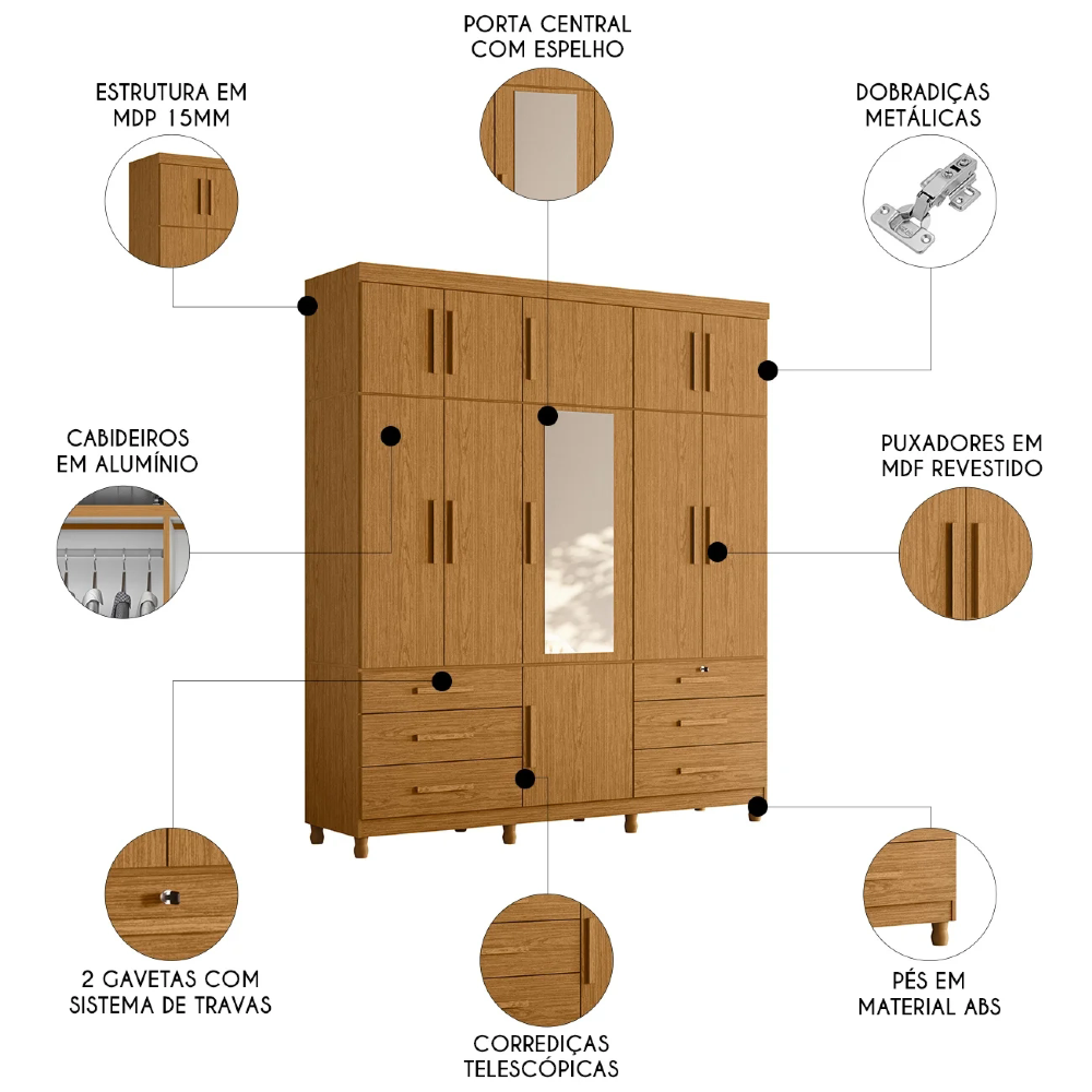 Guarda Roupa Casal 201cm 11 Portas Thony A02 Cinamomo       - Mpozenato