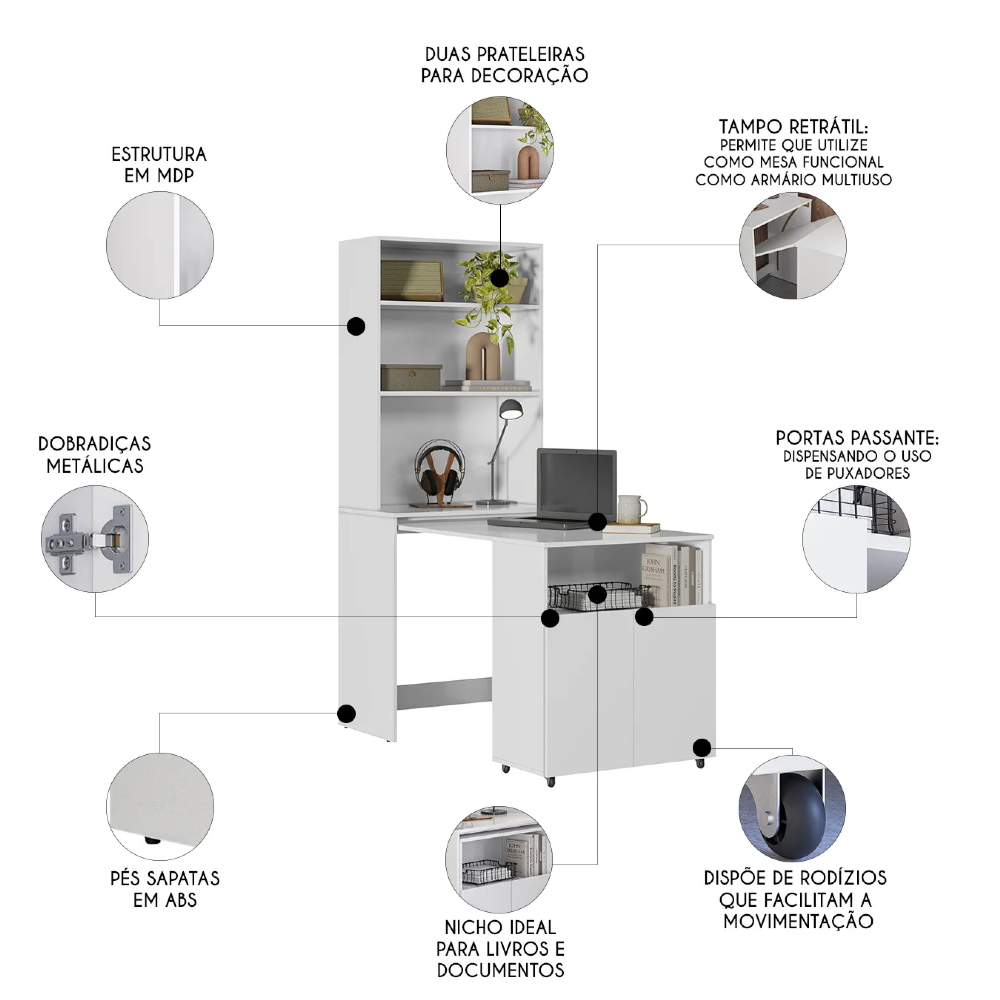 Mesa Escrivaninha Bancada de Estudos Para Quarto Salt Branco Z06 - Mpozenato