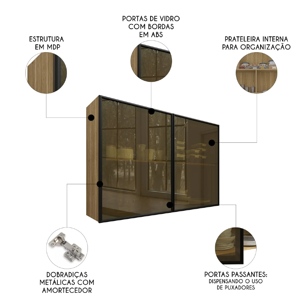 Armário de Cozinha 120cm 2 Portas de Vidro Minsk Freijó Z06 - Mpozenato
