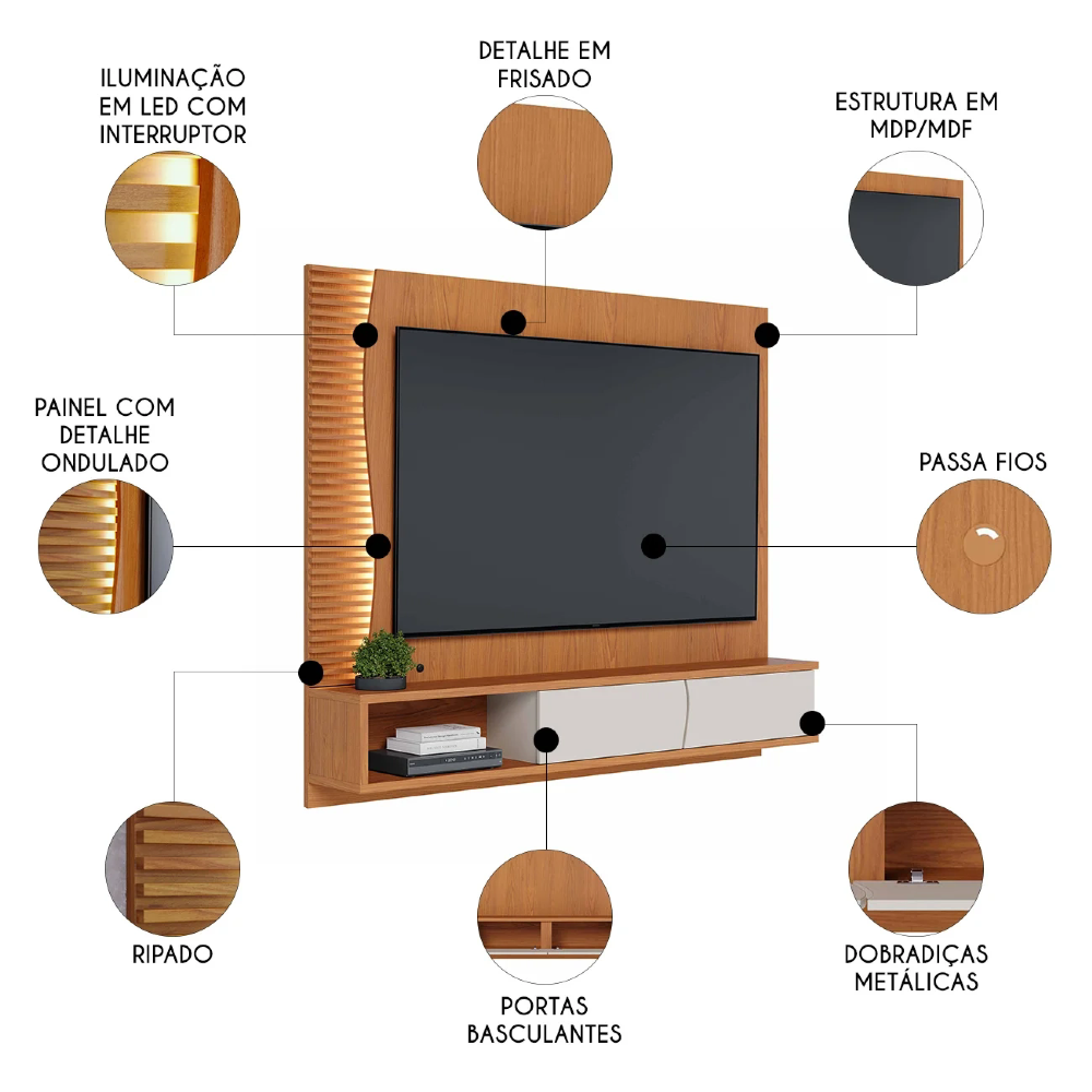 Painel TV 65 Pol e Bancada Suspensa Sintra Freijó/Off White C05 - Mpozenato
