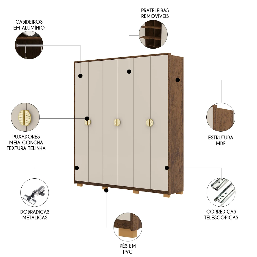 Guarda Roupa Casal 203cm Com 6 Portas Noronha Imbuia/Fendi - Vila Rica