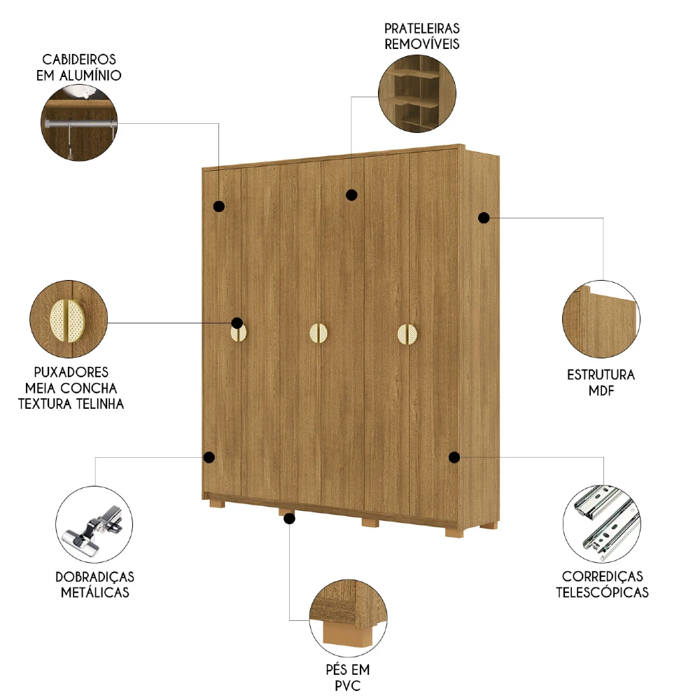 Guarda Roupa Casal 203cm Com 6 Portas Noronha Nature - Vila Rica