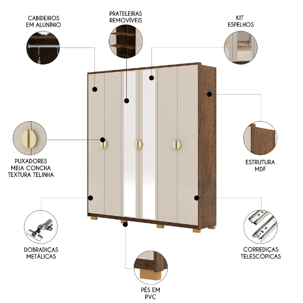 Guarda Roupa Casal 203cm Com Espelho Noronha Imbuia/Fendi - Vila Rica