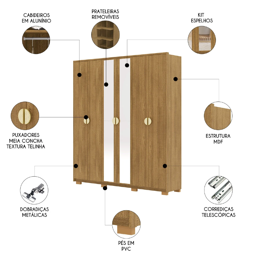 Guarda Roupa Casal 203cm Com Espelho Noronha Nature - Vila Rica